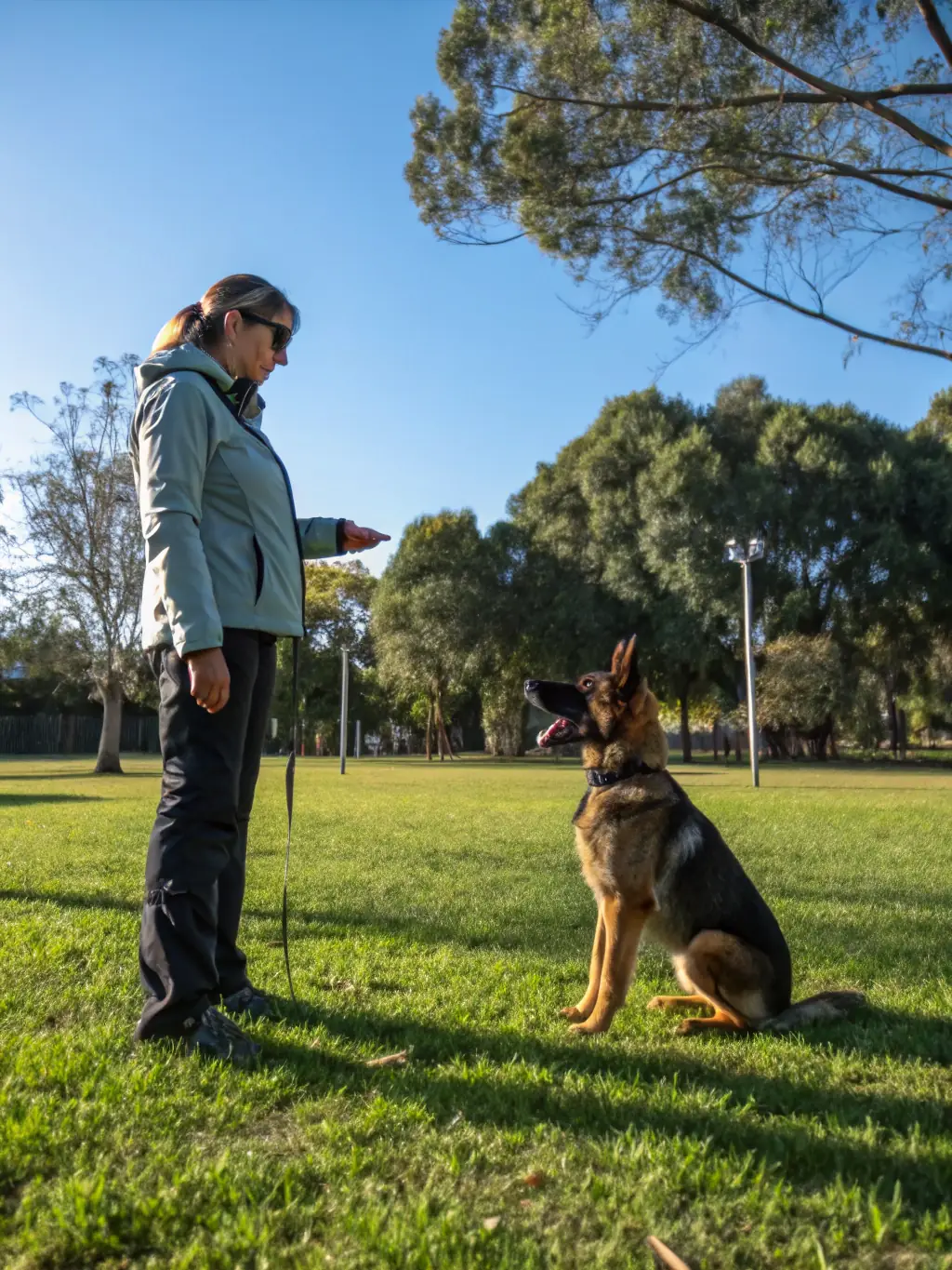 A trainer working with a hunting dog in a natural outdoor setting, demonstrating obedience commands as part of C.N.B. 18's dog training program.