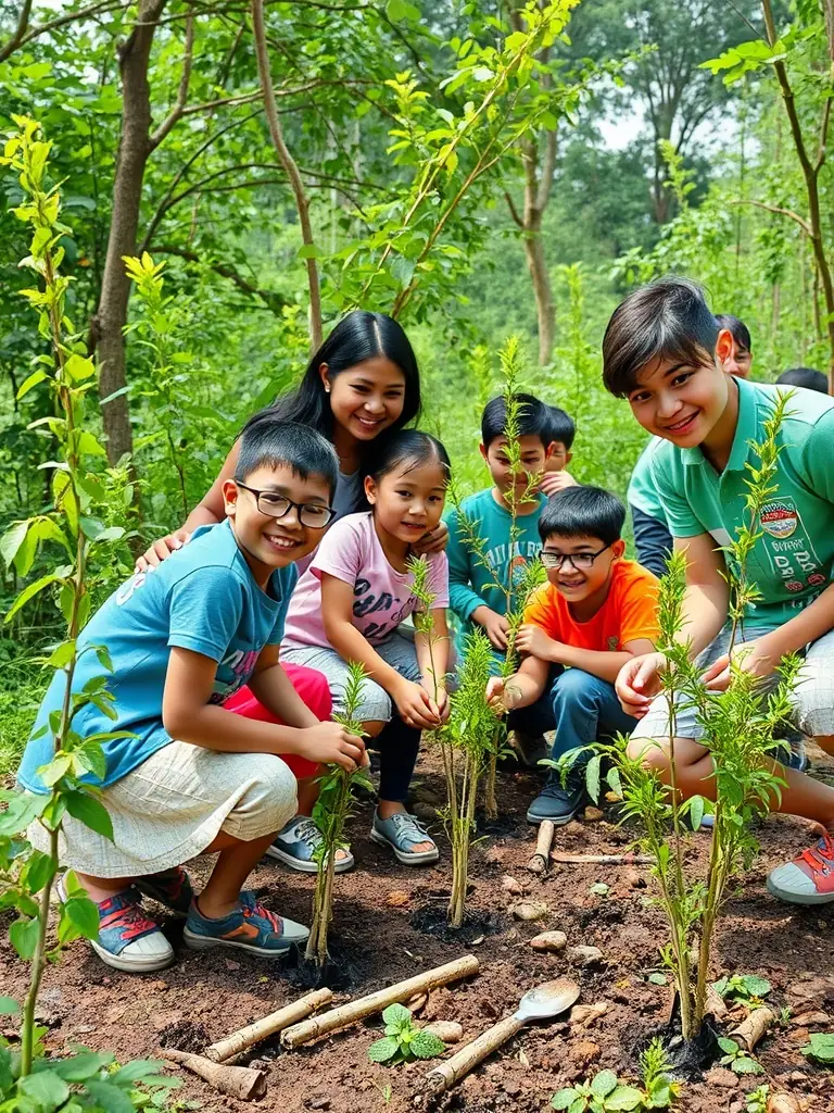 A group of children participating in a woodcock habitat restoration project, planting native trees and shrubs, with a focus on hands-on learning and environmental stewardship.