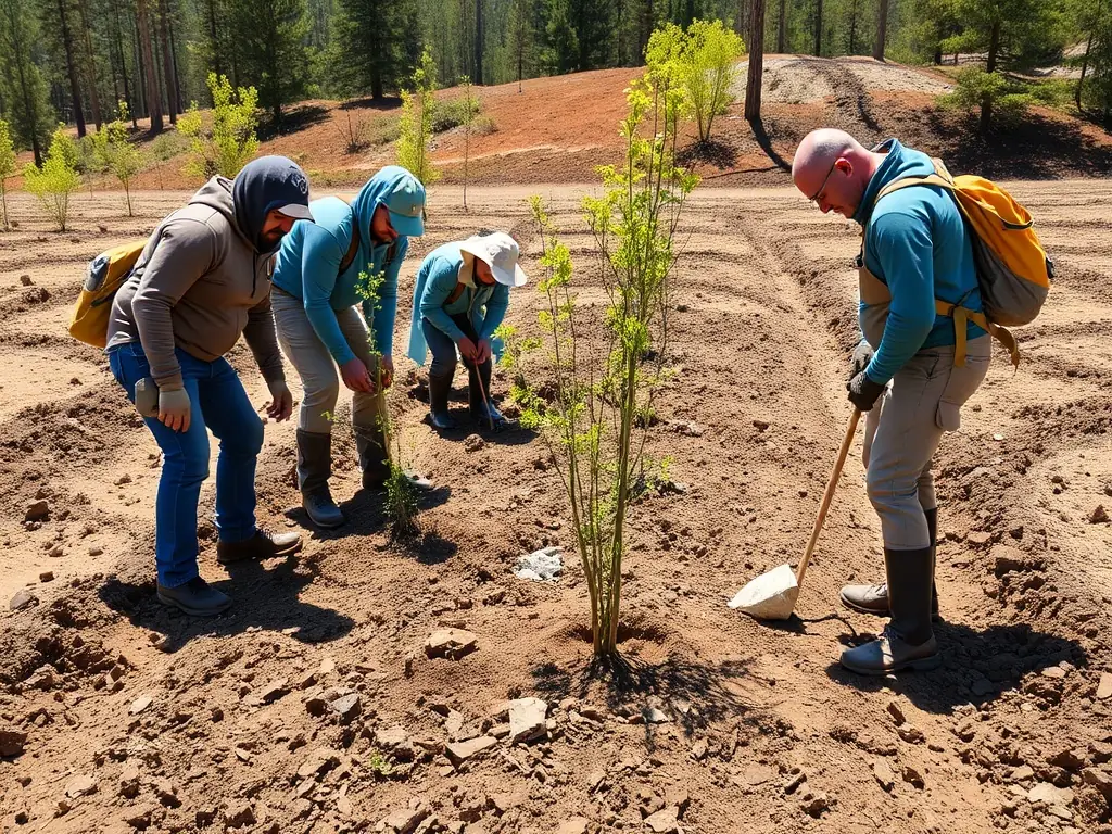 A group of volunteers planting trees in a deforested area, illustrating the hands-on approach to habitat restoration.