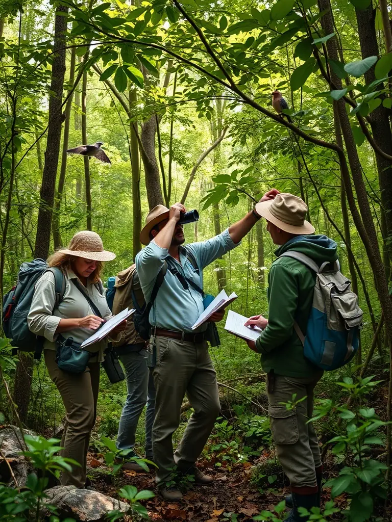 A team of ecologists in the field examining woodcock habitats with binoculars and habitat maps, focusing on ecological research and habitat conservation for C.N.B. 18.