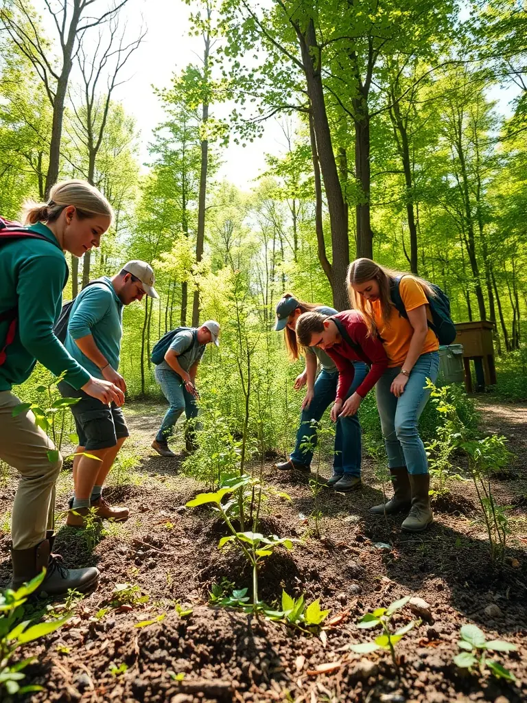 A photograph of volunteers planting trees in a deforested area, highlighting habitat restoration efforts and community involvement in conservation.