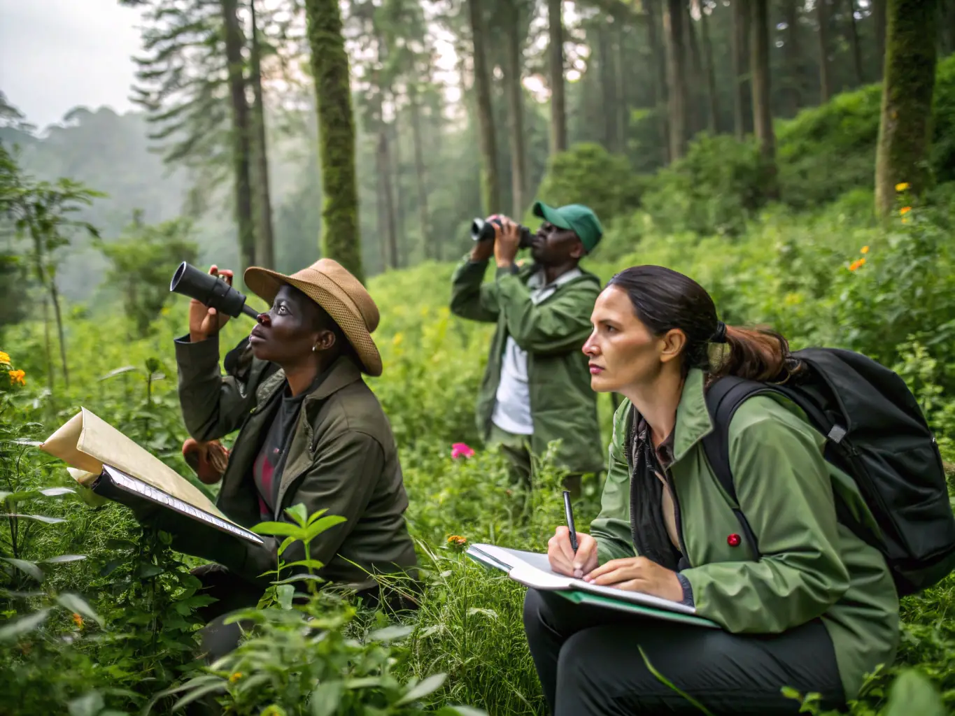 A team of ecologists in the field examining woodcock habitats with binoculars and habitat maps, showcasing their dedication to ecological research and habitat conservation.