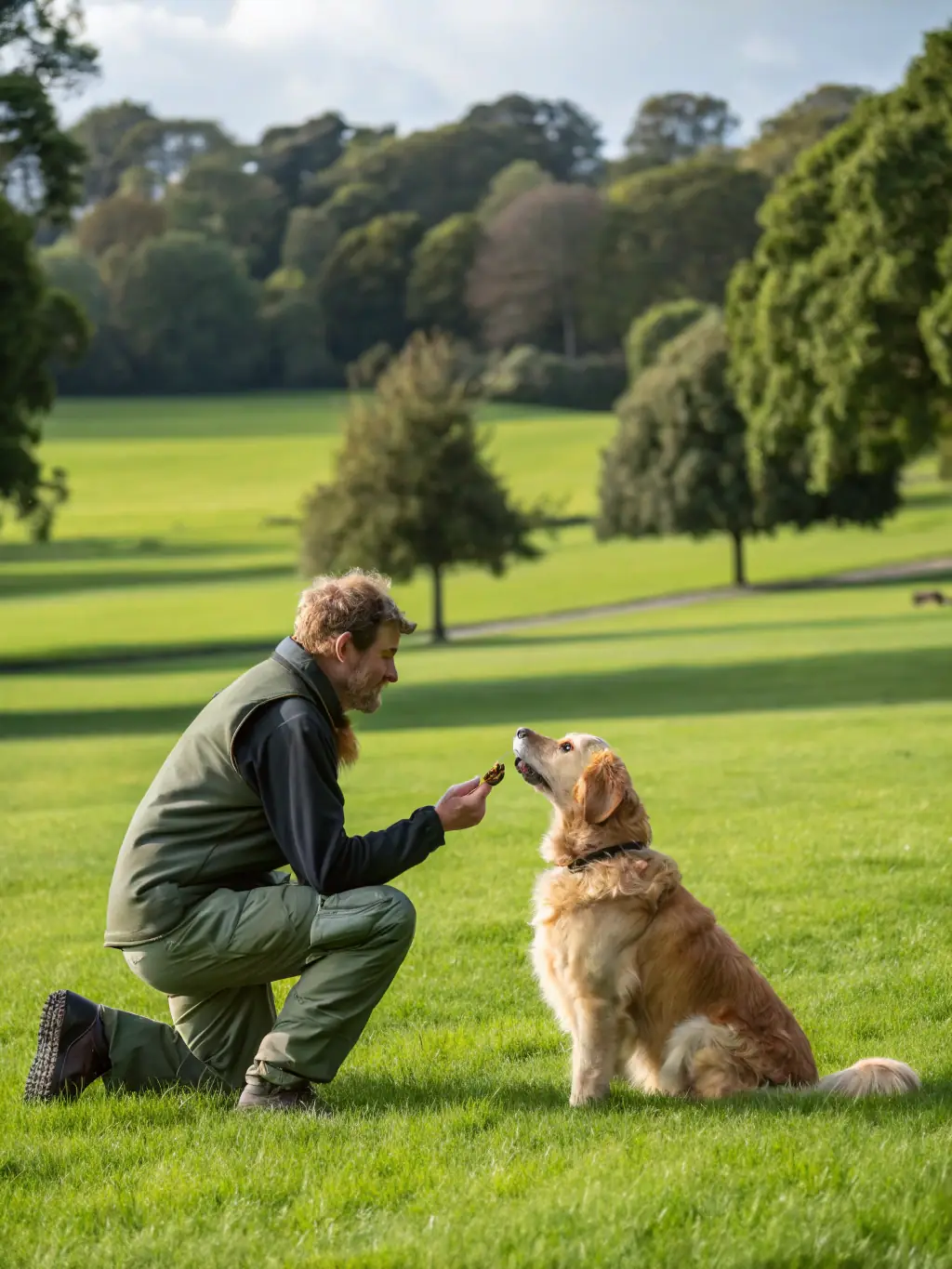 A photograph showing a trainer working with a hunting dog in a field, emphasizing the dog's focus and obedience during a training session.