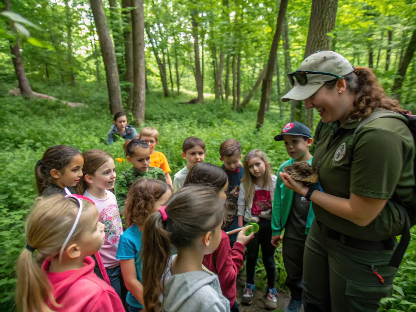 A group of community members participating in an outdoor workshop with guides explaining habitat features, emphasizing community education and engagement.