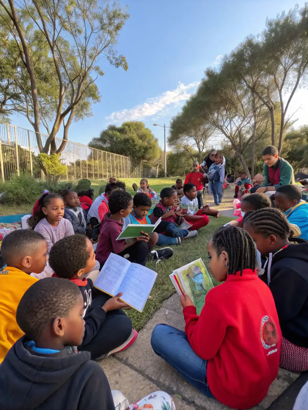 A group of community members participating in an outdoor workshop with guides explaining habitat features, promoting community education and outdoor activities by C.N.B. 18.
