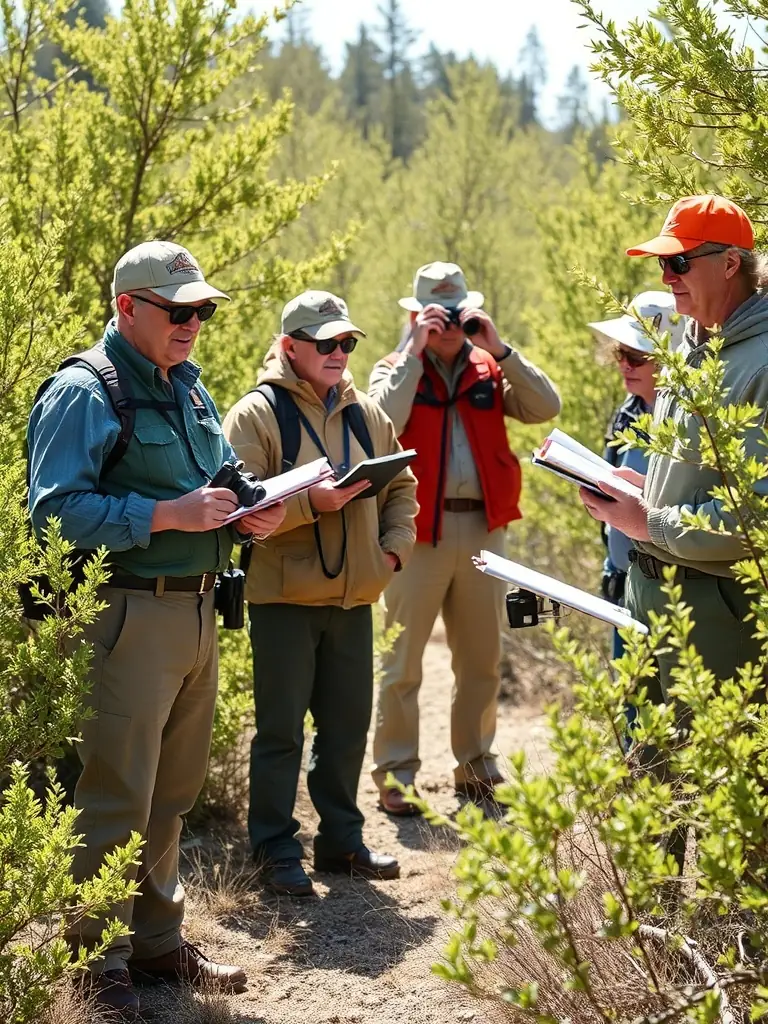 A group of adults on a guided outdoor excursion, observing woodcock habitats and learning about sustainable hunting practices, promoting community engagement.