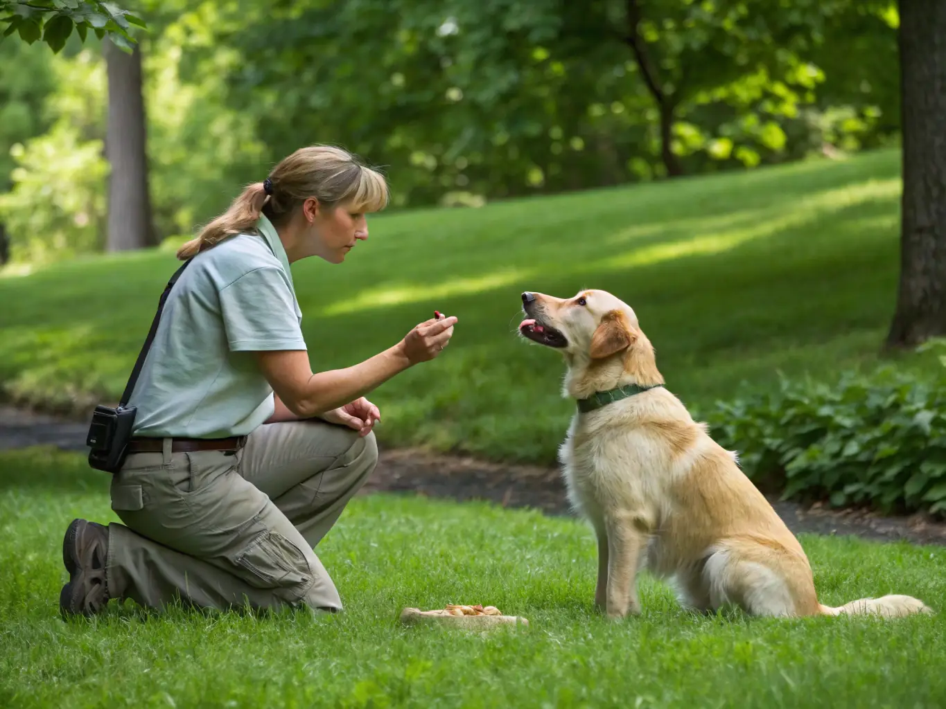 A trainer working with a hunting dog in a natural outdoor setting, demonstrating obedience commands, highlighting the importance of responsible dog training.